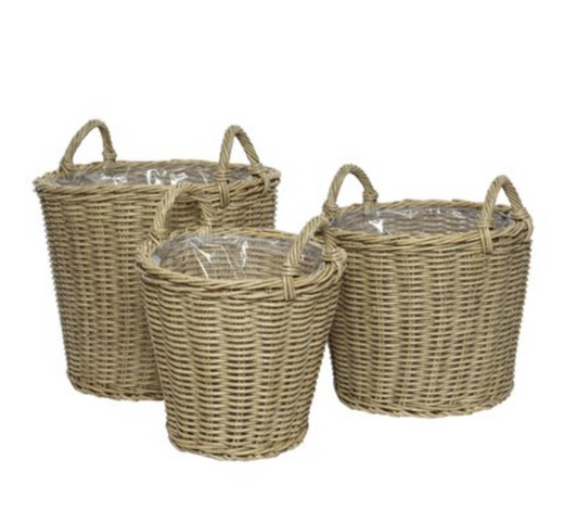 3Pc Camille Polyrattan Round Planter Basket Set With Handles Natural